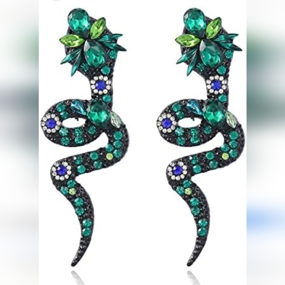 Colorful Rhinestone Snake Dangle Stud Earrings - Picture 2 of 7